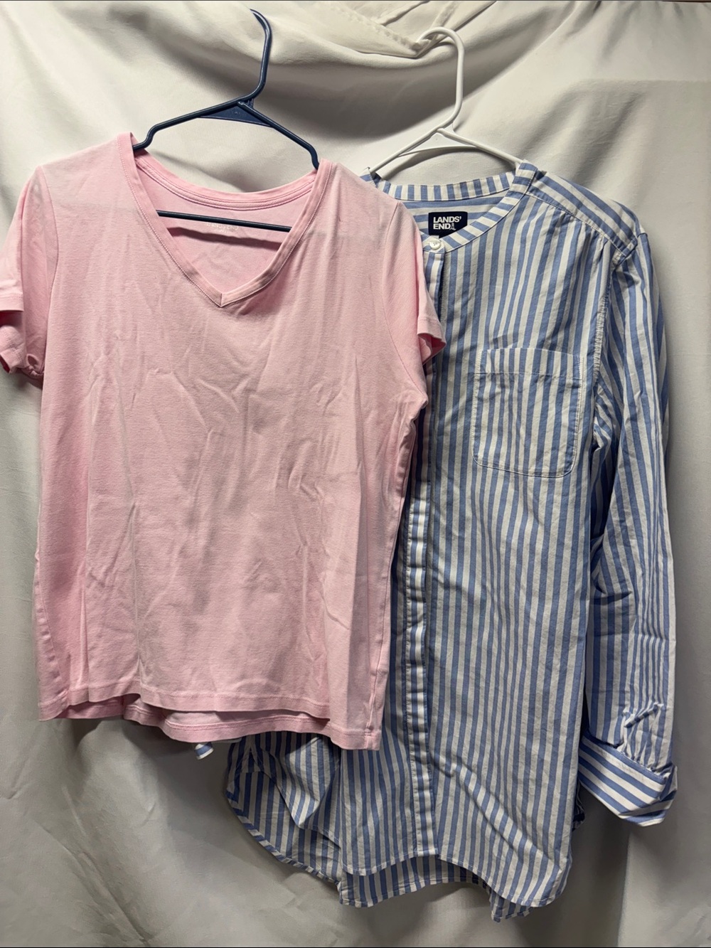 Lands' End Pink V-Neck Tee & Blue-White Striped Button Shirt Duo